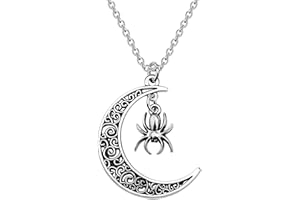 BEKECH Spider Charm Crescent Moon Necklace - Halloween Costume Jewelry, Small, Metal