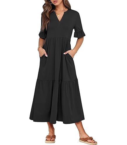 Women's Elbow Sleeve Midi Dress with Pockets Casual Loose Fit Flared Tunic Dress Black at Amazon Women's Clothing store
