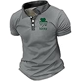 domirica St Patricks Day Polo Shirt Men Clover Print Polo Short Sleeve Collared Half Button Novelty Cool Casual Tshirts