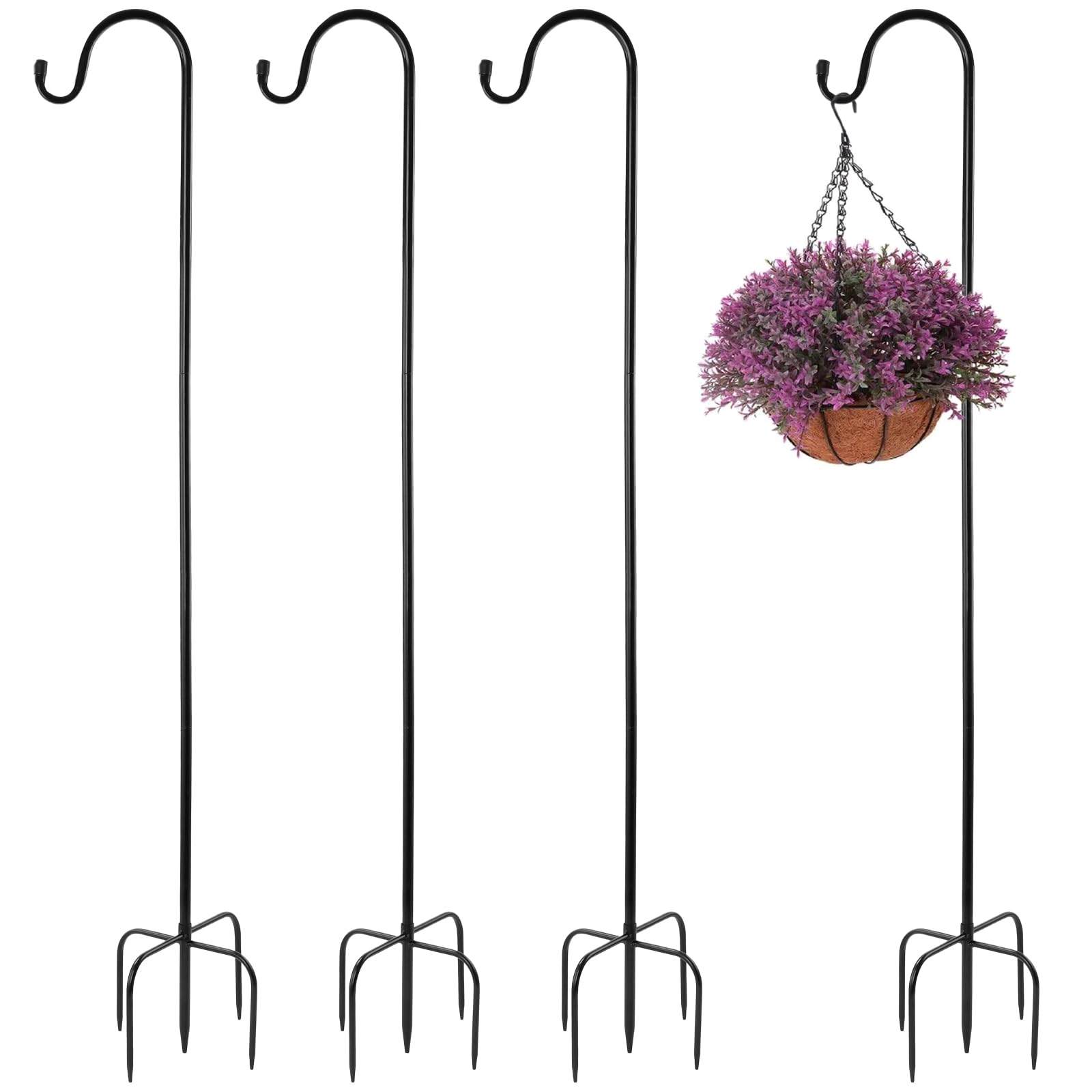 KOHAND 4 Pack 124cm/49 Inch Section Shepherds Hooks, Adjustable Height Shepherds Crook Hooks with 5 Prong Base, Black Metal Border Hook for Plant Baskets, Garden Lights, Lanterns, Wind Chime.