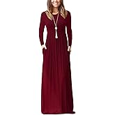 GRECERELLE Women Long Sleeve Casual Round Neck Loose Solid Floral Maxi Long Dress with Pockets, S-3XL