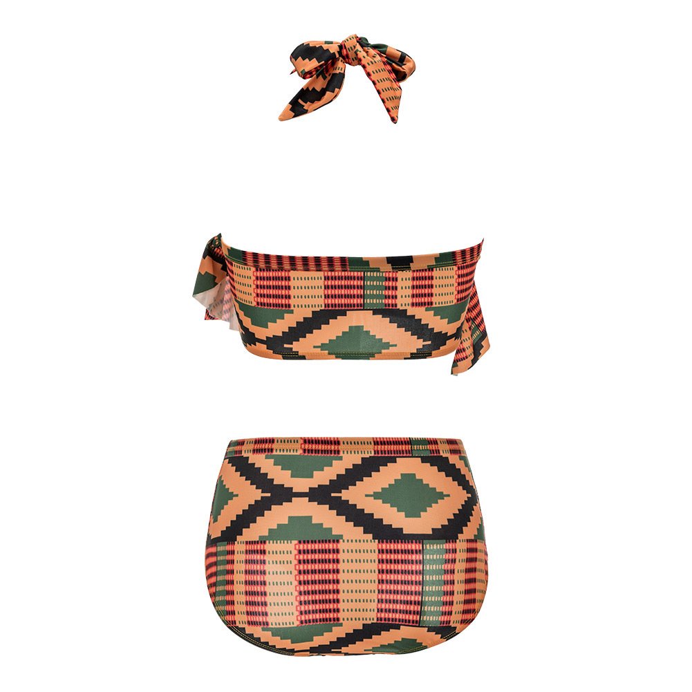 Mycherish Women Two Pieces African Print Halter Ruffle Swimsuit Rompers Outfit Small