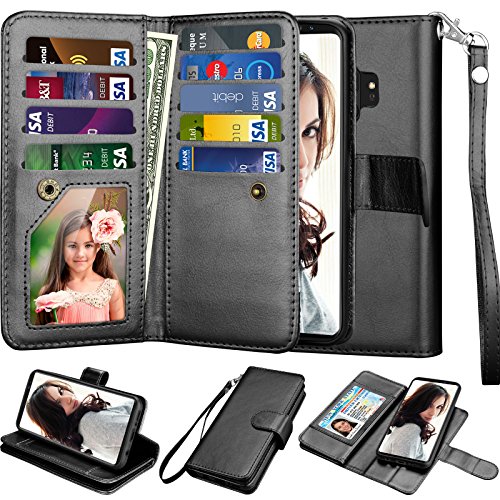 Njjex Galaxy S9 Case, for Samsung Galaxy S9 Wallet Case, PU Leather [9 Card Slots] ID Credit Magnetic Folio Flip Cover [Detachable] [Kickstand] Phone Case & Wrist Lanyard for Samsung S9 [Black]