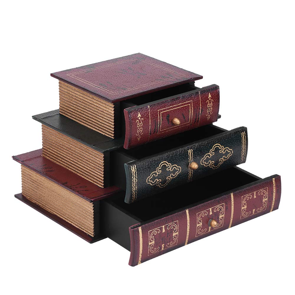 AMONIDA Wooden Desktop Organizer Storage Box with 3 Drawers, Vintage Dressing Table Storage Box, Antique Book Set Design, Brown