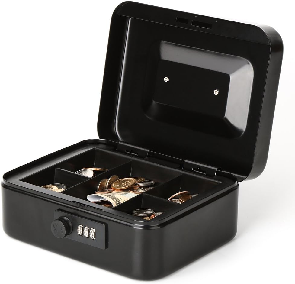 Parrency Cash Box with Combination Lock, Safe Metal Small Locking Box with Money Tray, 7 4/5" x 6 4/5" x 3 3/5", Black - Image 5