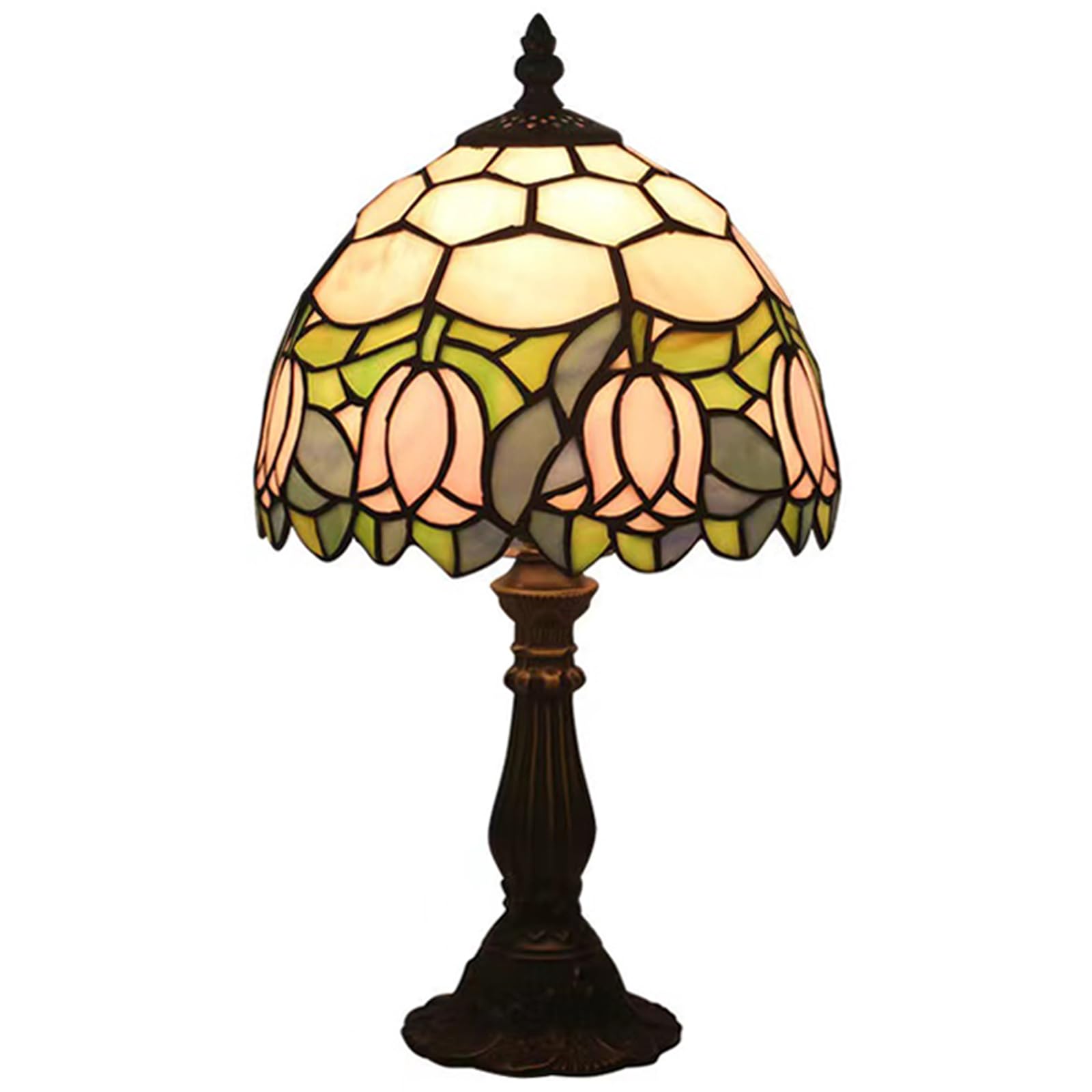 Photo 1 of Tiffany Style Table Lamp, Pink Tulip Stained Glass Lamp, 8 Inch Small Antique Lamp, for Bedside Nightstand Bedroom Living Room Home Office, Include LED Bulb