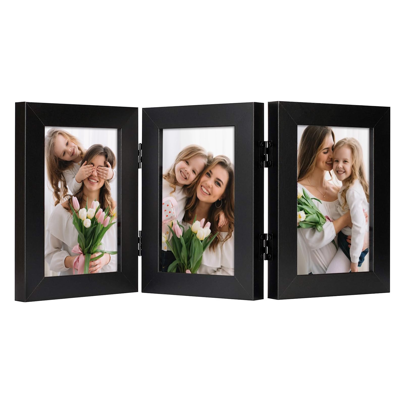 Frametory, 4x6 Trifold Picture Frame Hinged Photo Frames Three Folding Frame Desktop Glass Frame Vertical (Black, 4x6 Triple)