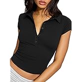 Volemo Women's Cropped Polo Shirts Collared Button Up V Neck Cap Sleeve Tight Fitted Basic Tees Summer Casual Work Tops