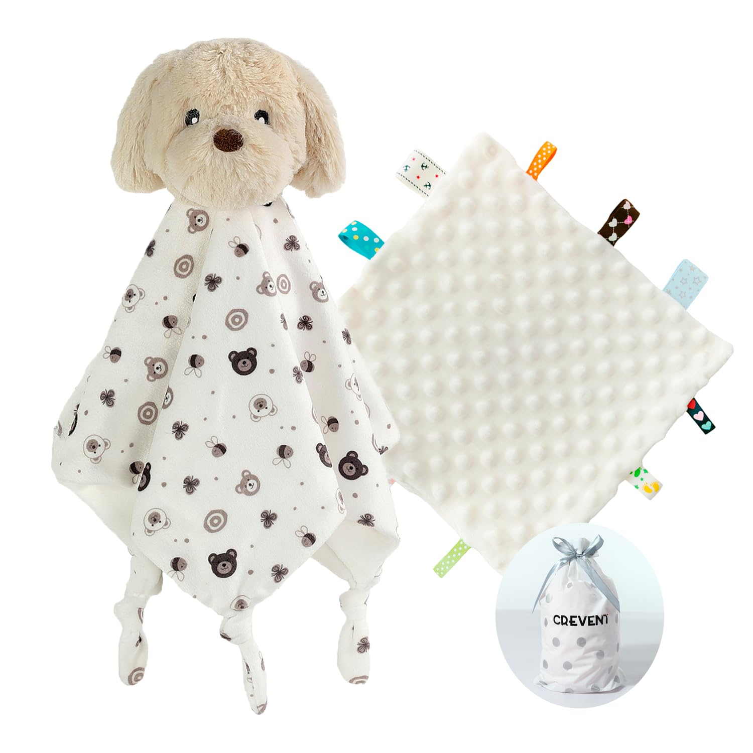 CREVENT Cozy Plush Baby Security Blanket,Baby Comforter for Baby Girls and Boys Newborns, Birthday Gift(Dog+Tag)