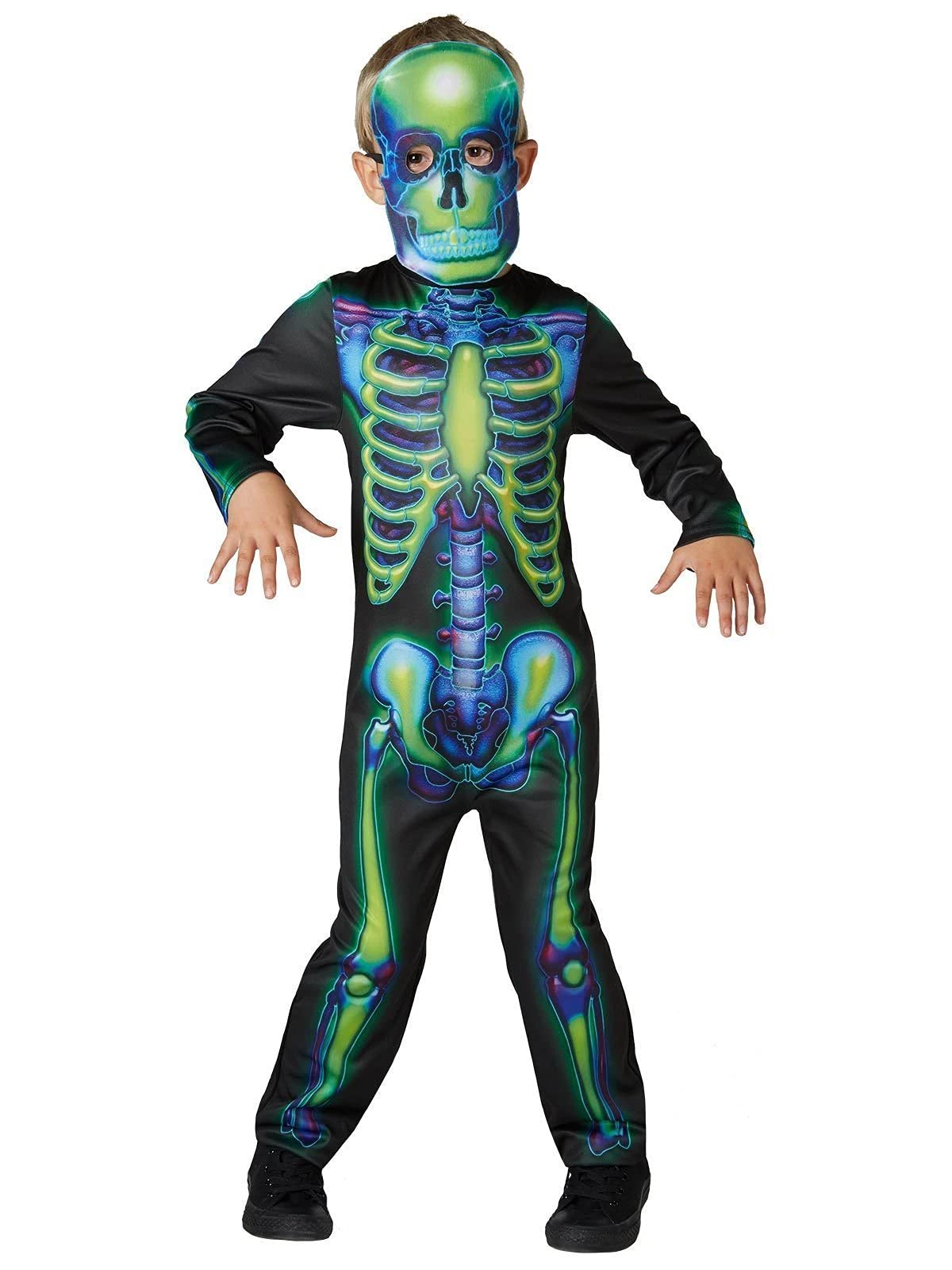 Rubies Official Neon Skeleton Glow In The Dark Halloweens Costume and Mask, Childs Size Medium Age 5-6 Years Halloween