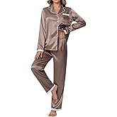Ekouaer Satin Pajamas for Women Silk Long Sleeve Sleepwear Button Down Loungewear 2 Pieces Lace Soft Pjs Set