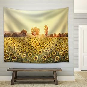 Sunflowers Field at Sunset, Painted on The Canvas by Me, Kiril Stanchev - Fabric Wall Tapestry Home Decor - 51x60 inches