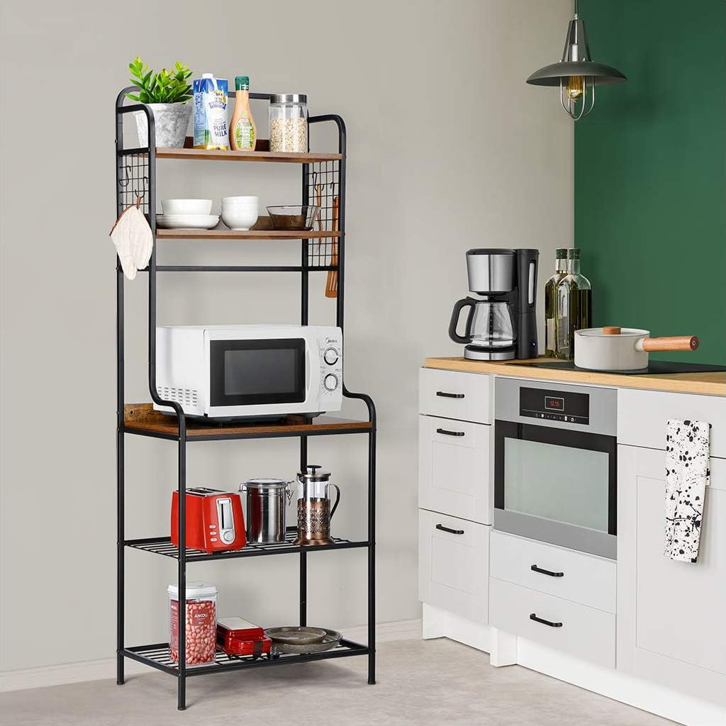 LANGRIA 5-Tier Baker’s Rack Industrial Microwave Oven Stand with Mesh Panels, 5 Shelves, 4 S-Hooks, for Spice Rack Organizer Workstation, Kitchen Utility Cart Storage Shelf Organizer, Rustic Brown - Standing Baker's Racks