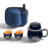 DEARART Tea Cup Portable Set with Strainer Infuser and Lid, 10.8oz Ceramic Mug and 2-Cups, Easy to Clean Keep Tea Hot, Steeping Loose Leaf Tea Bag Personal Tea Cup, Cute Cat, Dark Blue