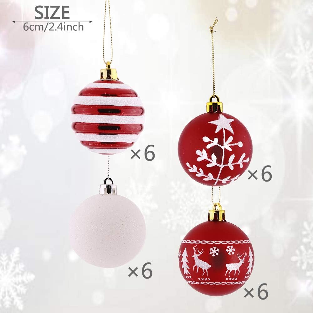 Valery Madelyn 24pcs 6cm Shatterproof Christmas Baubles - Traditional Red and White Christmas Ball Ornaments for Tree Decorations - Image 4