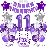 11 Birthday Decoration Happy Birthday Banner Balloons Garland Cupcake Toppers Purple Number 11 Helium Balloon Birthday Decorations for 11 Year Old Boy Girl Birthday Party Supplies Photo Backdrop