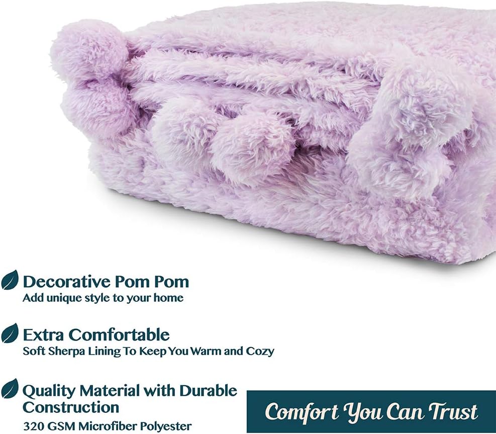 PAVILIA Plush Sherpa Throw Blanket with Pom Pom Fringe | Fluffy Microfiber Fleece Throw | Soft, Fuzzy, Cozy, Shaggy, Lightweight | Solid Purple Lavendar Blanket | 50 x 60 Inches: Home & Kitchen