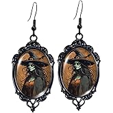 Gothic Mystery Witch Cameo Earrings,Vintage Crystal Glass Witch Dangle Earring Punk Style Mystery Earrings Goth Victorian Earring Halloween Jewelry for Women