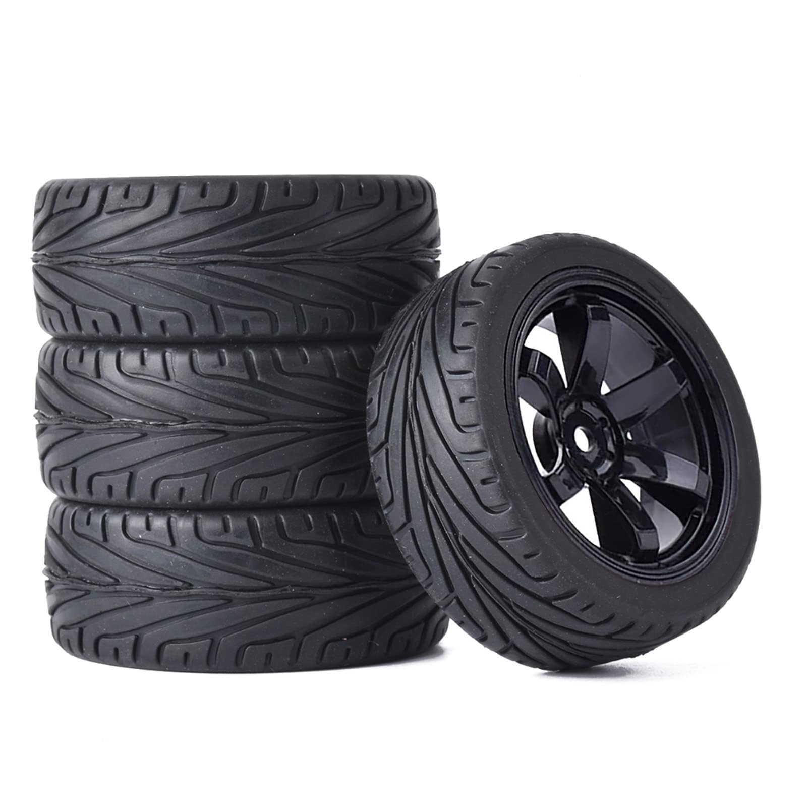 KINGCOO 4PCS 1:10 RC Car Tyre 65mm Rubber Tires and Plastic Wheel Rims for 1/10 On-Road Racing Touring Drift Car Spare Parts for HSP Tamiya HPI Kyosho (Black)