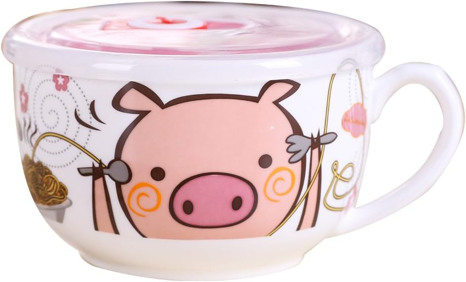 Microwave Bone China Pasta Bowls with Handle and Seal Lids Porcelain Noodle Mug Decal Pattern Pig