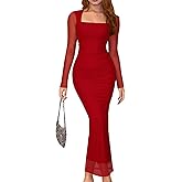 DAAWENXI Women's Fall Long Sleeve Midi Dress Mesh Square Neck Ruched Bodycon Wedding Guest Party Dresses