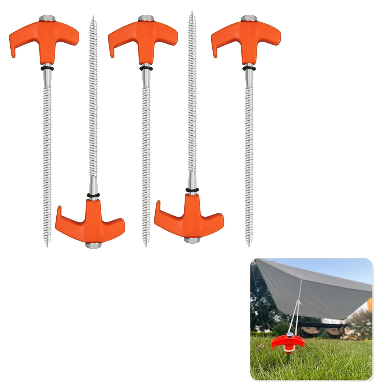 5Pcs Screw in Tent Stakes Heavy Duty, Ground Stakes Ground Anchors Screw in, Metal Screw Tent Stakes Heavy Duty Tent Pegs, Ground Threaded Tent Spikes for Outdoor Camping (8Inch)
