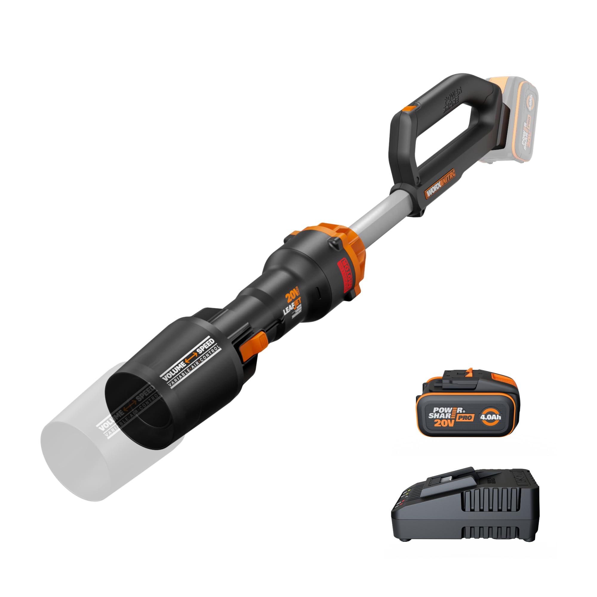 WORX WG543E Nitro Profi Akku-Laubbläser Leafjet 20V - leistungsstarker bürstenloser Motor - Luftgeschwindigkeit 209km/h – Luftmenge 696m³/h - leicht & kompakt - inkl. 4Ah PowerShare Akku & Ladegerät