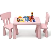 Costzon Kids Table and Chairs, 3 PCS Plastic Toddler Table Set (Pink) | Easy Clean Activity Desk Set for Reading, Drawing, Sn