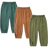 Kids Tales 3 Pack Boys Girls Cotton Linen Pants Child Basic Plain Solid Trousers Big Kids Elastic Waist Long Pants Bloomers