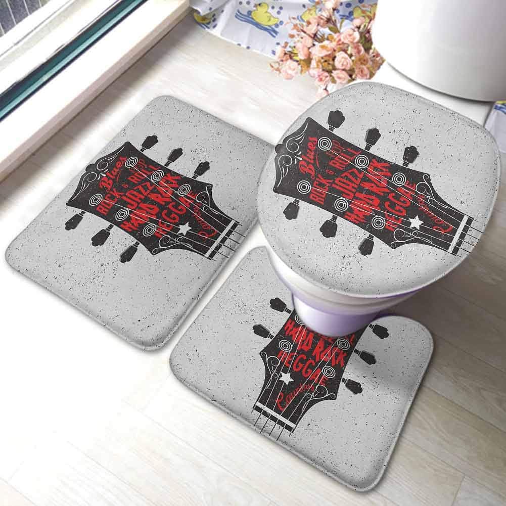 Guitar 3-Piece Non-Slip Bath Mat Rug Set Hand Drawn Genres Blues Pop Hard Rock Reggae Country Music Illustration,Large Contour Mat with Lid Cover Vermilion Black White