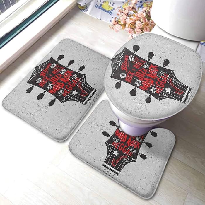 Guitar 3-Piece Non-Slip Bath Mat Rug Set Hand Drawn Genres Blues Pop Hard Rock Reggae Country Music Illustration,Large Contour Mat with Lid Cover Vermilion Black White
