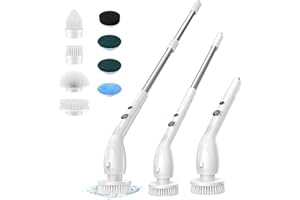 LYNXOR Electric Spin Scrubber, Cleaning Brush with 8 Brush Heads, IPX7 Waterproof LED Display, Adjustable Extension Handle Shower Scrubber for Bathroom Floor Tub Tile (White)