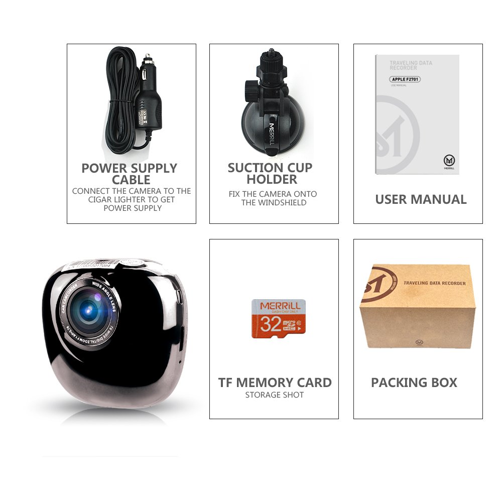 MERRiLL 1080P dash cam 170° Wide Angle Night Vision new design 15 mega pixel and 32GB card
