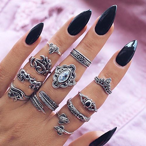 Jaywine2 11Pcs/Set Women's Retro Carved Elephant Feather Stacking Knuckle Ring Nimble