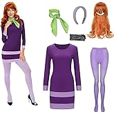 casapre Halloween Women Costume Purple Mini Dress Costume Set with Orange Wig, Green Scarf, Headband, Socks, Wig Cap