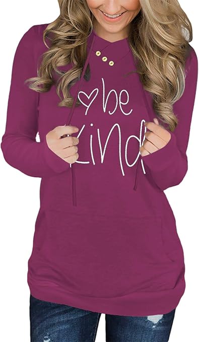 KISSMODA Be Kind Letter Print Sweatshirts for Women Hooded Pullover with Pockets Wine Red