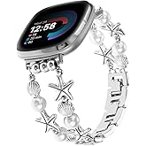 REALSIGN Vintage Beaded Band Compatible with Fitbit Versa 3/Versa 4/Sense/Sense 2 Watch Bands,Dressy Sea Star Seashell Pearl Beads Metal Silver Wristband Beach Cute Strap for Women