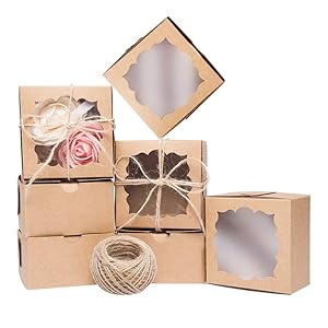 YunKo 50 Pack Brown Bakery Boxes with Window 4x4x2.5 inches Cookie Boxes with Window for Gift Giving