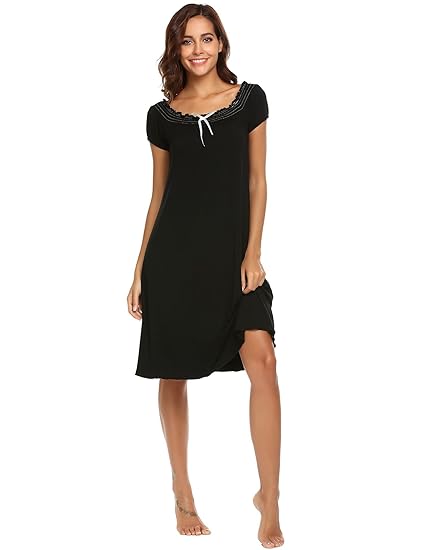 Imposes Damen Viktorianisch Nachthemd Kurzarm Nachtkleid Knielang Nachtwäsche Hauskleider Sleepshirt Kleider Schwarz Navy Bla
