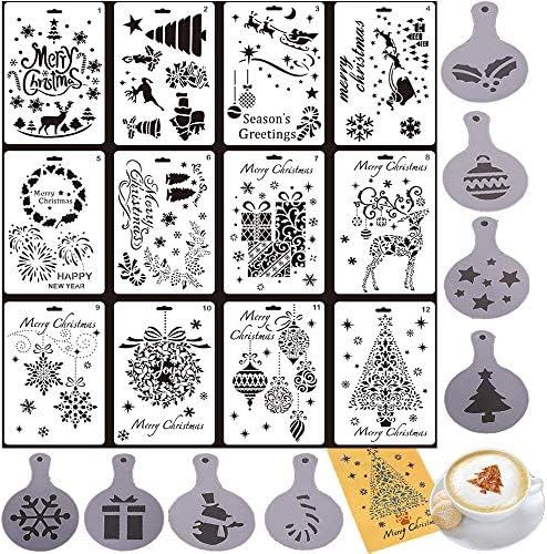 Merry Christmas Stencils Set, 12 Pack Christmas Painting Stencils with 8 Pack Cookie or Coffee Decorative Stencils