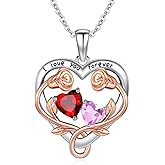 WYDDO Birthstone Necklace for Women Mom, Heart Pendant Necklace, Mothers Family Birth Stone Jewelry, Birthday Rose Flower Necklace for Mom, Anniversary Birthday Gift for Wife and Her