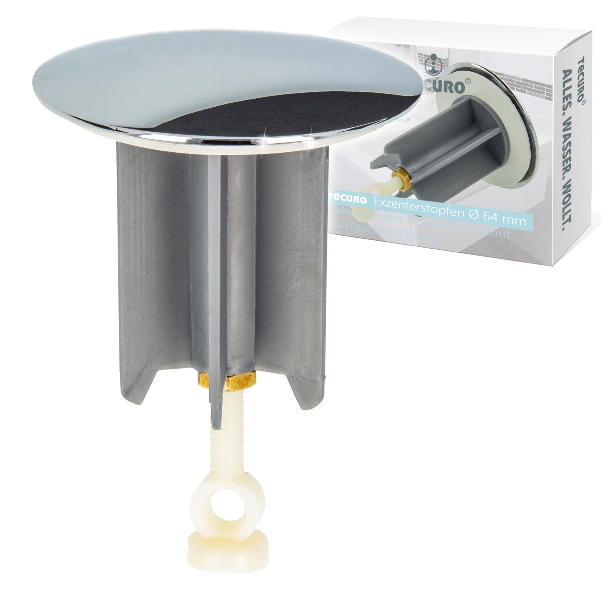 tecuro Universal High-Gloss Chrome-Plated Washbasin Plug for Drain and Overflow Fittings Made of Brass and Plastic Diameter 64 mm