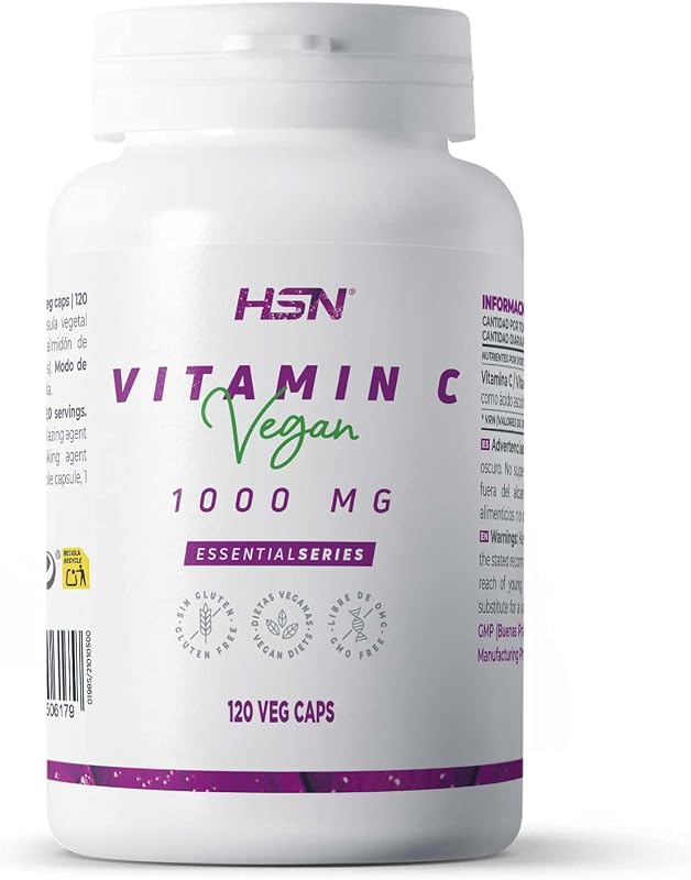 Vitamina C 1000 mg por HSN | 120 cápsulas vegetarianas 1 grama por porção de vitamina C pura como ácido ascórbico | Fornecimento de 4 meses | Não-OGM, Vegan, Sem Glúten