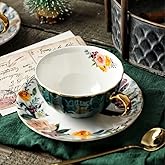 ONEUSTAR Tea Cup and Saucer Set for 1 Bone China Floral Teacup with Spoon 8 oz Coffee Cup Cappuccino Latte Mug for Birthday Christmas Gift, Green