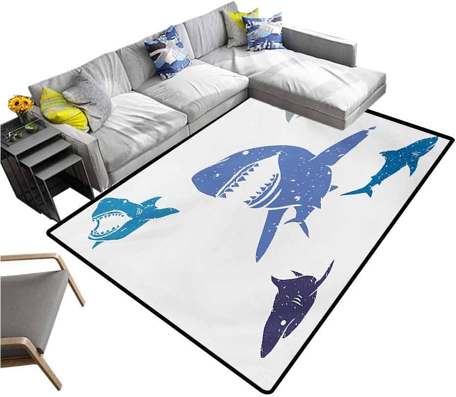 Shark Non Slip Carpet Grunge Style Big and Small Sharks with Open Mouths Predator Jaws Dangerous Image Entryway Rug Royal Blue (4'x6')