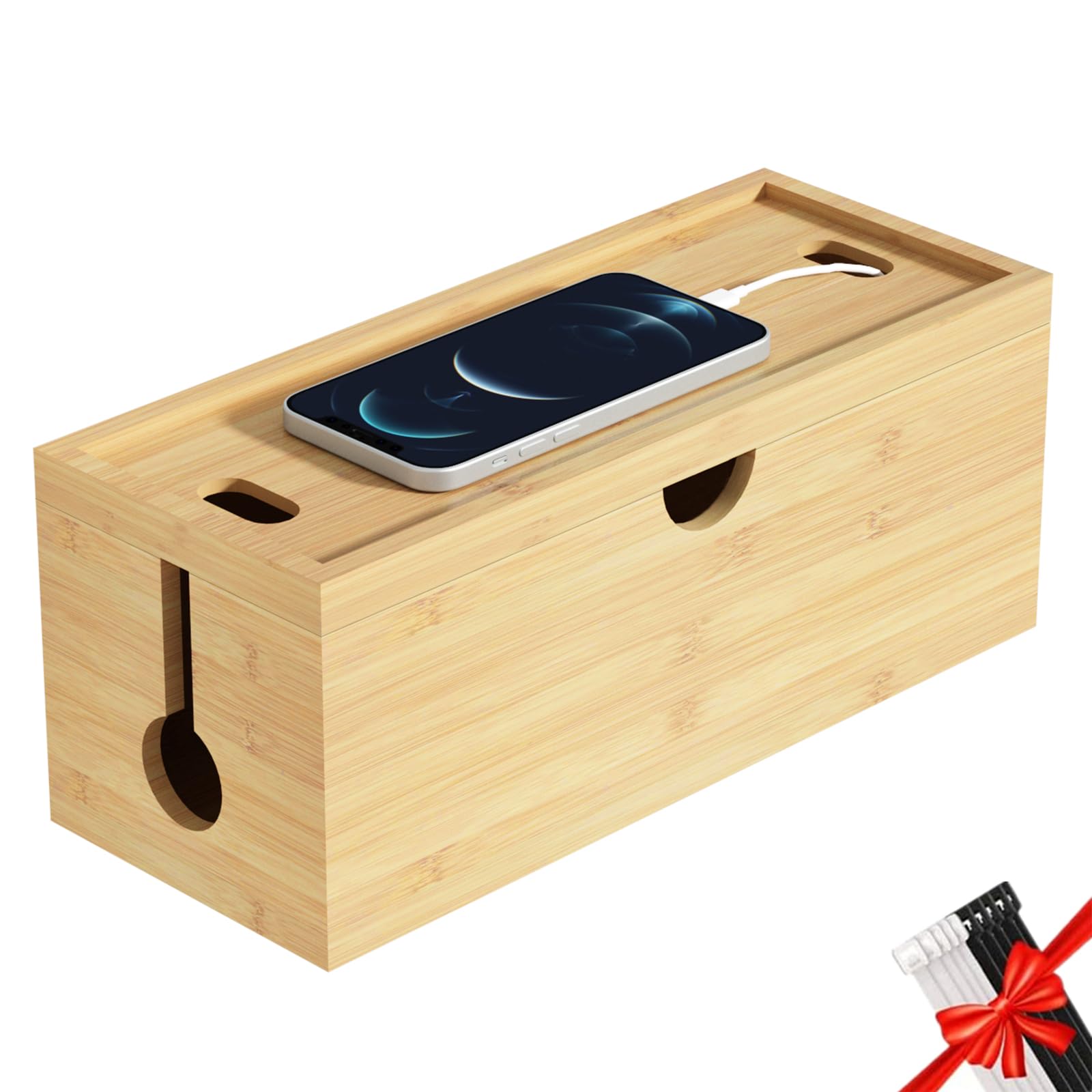 Photo 1 of Bamboo Cable Management Box, Medium Cord Organizer Box Cable Box to Hide Wires & Power Strips for Desktop Storage Cord Holder for Office Home,No Assembley Required