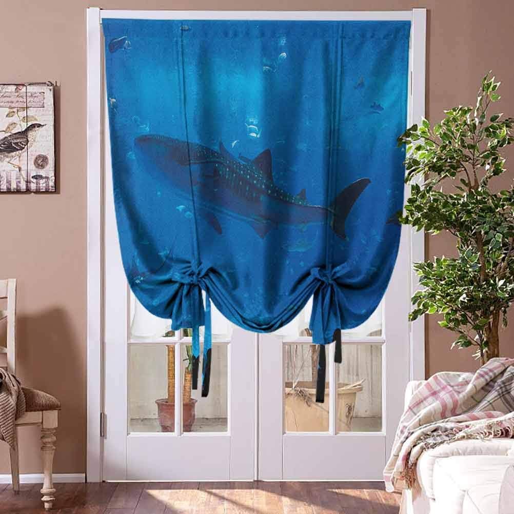 Roman Shades for Windows Shark Thermal Insulated Curtain Japanese Aquarium Park with People Silhouettes Watching Underwater Life Hobby Image for Narrow Window Blue Black Rod Pocket Panel, 42"W x 63"L