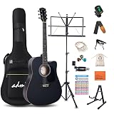ADM Beginner Acoustic Guitar, Kids Students Cutaway Guitar Bundle Free Lessons with Gig Bag, Tuner, Strap, Picks, Extra Strings etc (Black-Cutaway, 41 Inch)