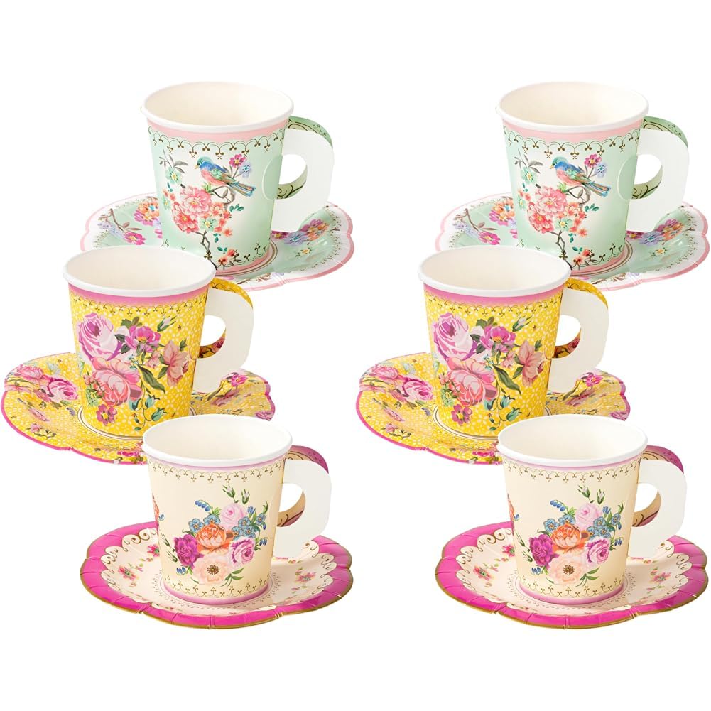 TalkingTablesVintage Floral Tea PartyPaper Cups and SaucersPack of 24Mixed Colours