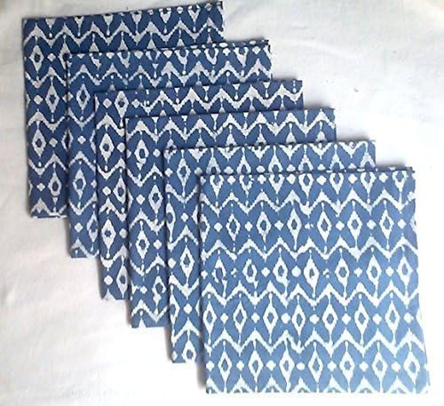 Set of 6 Large Organic Indigo Ikat Anokhi style Hand block print Indian cotton Napkins 18" square